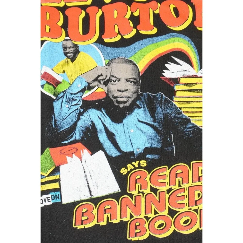 Vintage LeVar Burton Graphic Tee Read Banned Books Black T-Shirt Size Small USA